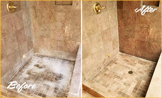 Before and After Picture of a Melbourne Travertine Shower Cleaned to Eliminate Water Spots