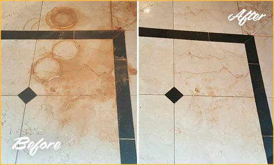 Before and After Picture of a Cocoa Marble Floor Cleaned to Eliminate Rust Stains