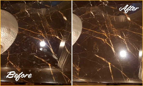 Before and After Picture of a Titusville Marble Countertop Cleaned to Remove Water Spots