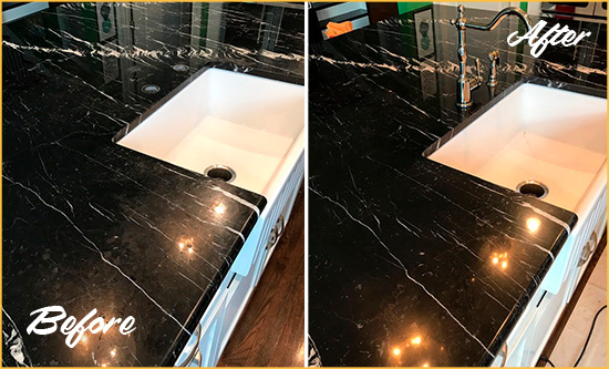 Before and After Picture of a Sebastian Marble Kitchen Countertop Stone Sealed to Avoid Water Damage
