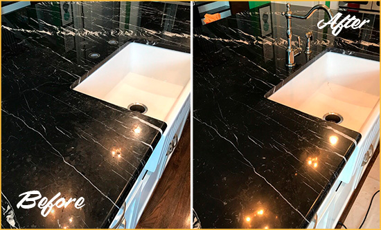 Before and After Picture of a Palm Shores Marble Kitchen Countertop Stone Sealed to Avoid Water Damage