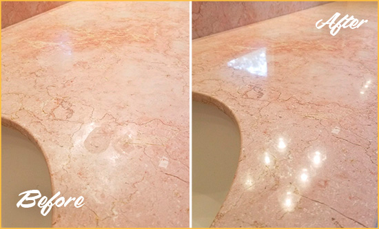 Before and After Picture of a Malabar Marble Stone Vanity Top Sealed to Avoid Water Marks