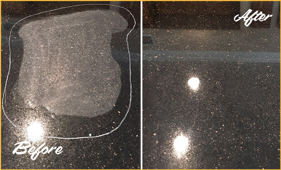 Before and After Picture of a Palm Shores Granite Kitchen Countertop Honed to Eliminate Scratch