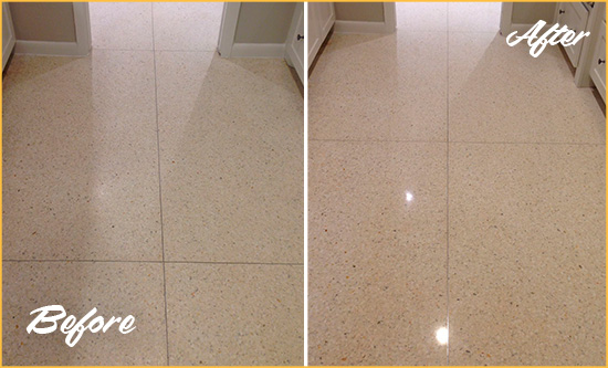 Before and After Picture of a Dull Cape Canaveral Granite Floor Honed to Recover Its Sheen