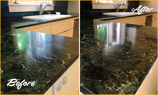 Before and After Picture of a Grant-Valkaria Marble Kitchen Countertop Honed to Remove Water Marks