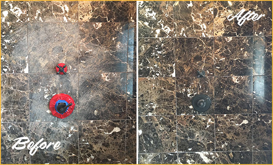 Before and After Picture of a Patrick Space Force Base Marble Shower Honed to Remove Scratches