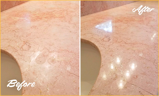Before and After Picture of a Micco Marble Vanity Top Honed to Eliminate Water Spots