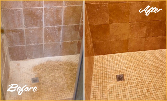 Before and After Picture of a Micco Travertine Shower Honed to Remove Mineral Deposits