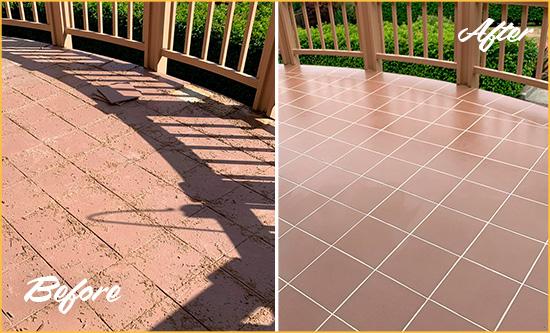Before and After Picture of a Grant-Valkaria Hard Surface Restoration Service on a Tiled Deck