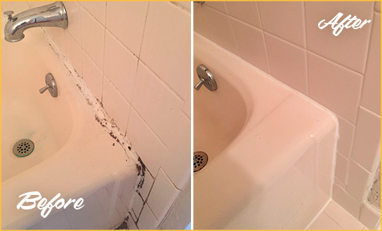 Before and After Picture of a Micco Hard Surface Restoration Service on a Tile Shower to Repair Damaged Caulking