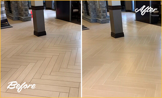 Before and After Picture of a Harbor East Hard Surface Restoration Service on an Office Lobby Tile Floor to Remove Embedded Dirt