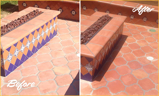 Before and After Picture of a Merritt Island Hard Surface Restoration Service on a Dull Terracotta Patio Floor to Recover Its Color