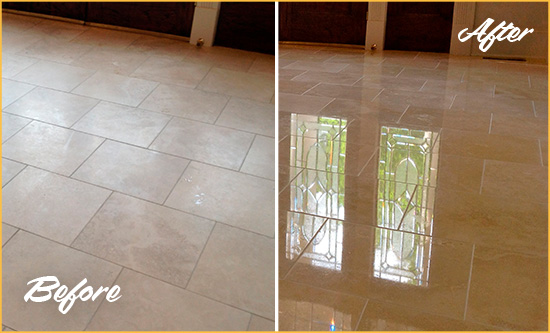 Before and After Picture of a Grant-Valkaria Hard Surface Restoration Service on a Dull Travertine Floor Polished to Recover Its Splendor