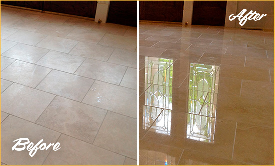 Before and After Picture of a Patrick Space Force Base Hard Surface Restoration Service on a Dull Travertine Floor Polished to Recover Its Splendor