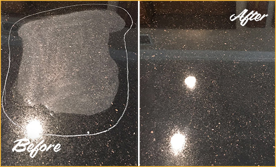 Before and After Picture of a Cocoa Hard Surface Restoration Service on a Granite Countertop to Remove Scratches