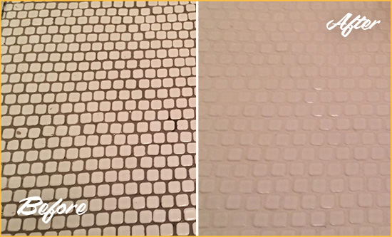 Before and After Picture of a Malabar Hard Surface Restoration Service on a Bathroom Tile Floor Recolored to Fix Grout Color