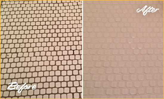 Before and After Picture of a Palm Bay Hard Surface Restoration Service on a Bathroom Tile Floor Recolored to Fix Grout Color