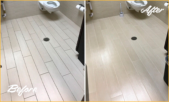 Before and After Picture of a Port St. John Office Restroom's Grout Cleaned to Remove Dirt
