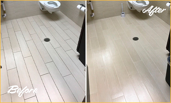 Before and After Picture of a Patrick Space Force Base Office Restroom's Grout Cleaned to Remove Dirt