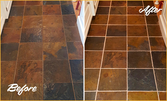 Before and After Picture of Roseland Slate Floor Grout Cleaned to Remove Dirt