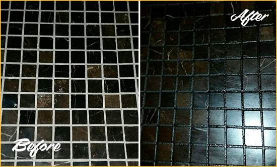 Before and After Picture of a Grant-Valkaria Black Floor with Recolored Grout