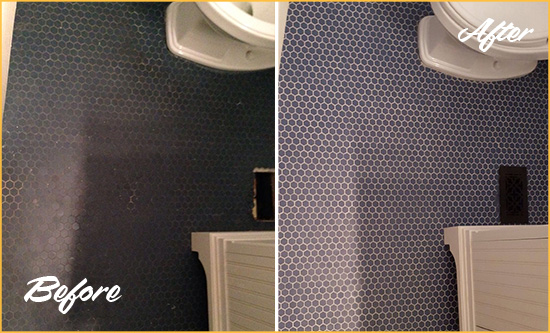 Before and After Picture of a Sharpes Blue Tile Floor Recolored Grout