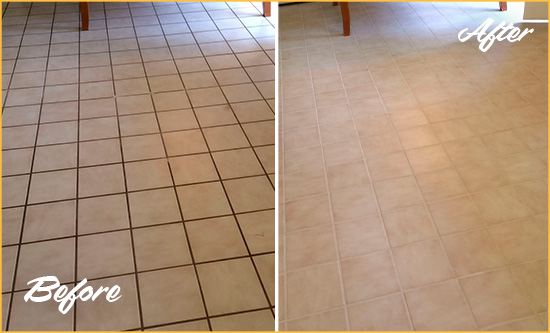 Before and After Picture of a Cocoa Kitchen Tile Floor with Recolored Grout