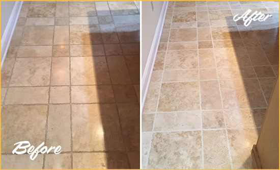 Before and After Picture of a Sebastian Travertine Kitchen Floor Recolored Grout