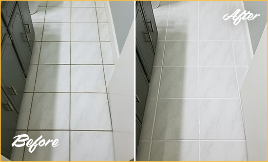 Before and After Picture of a Grant-Valkaria White Ceramic Tile with Recolored Grout