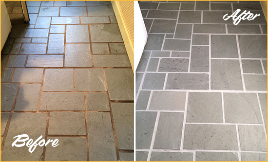 Before and After Picture of Damaged Island Beach Slate Floor with Sealed Grout