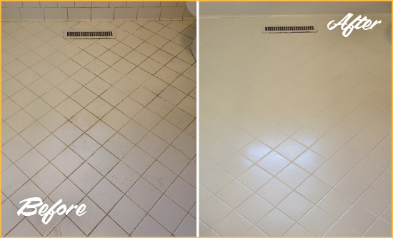 Before and After Picture of a Sebastian White Bathroom Floor Grout Sealed for Extra Protection