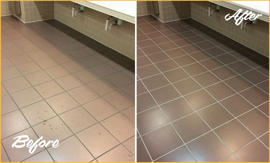 Before and After Picture of Dirty Sebastian Office Restroom with Sealed Grout