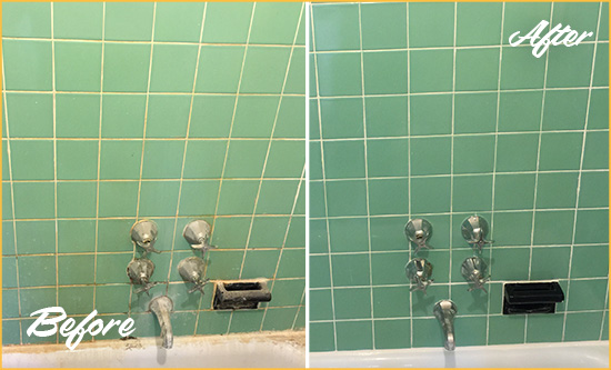 Before and After Picture of a Rockledge Bath Tub Grout Sealed to Avoid Water Damage