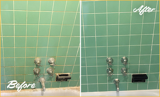 Before and After Picture of a Palm Shores Bath Tub Grout Sealed to Avoid Water Damage