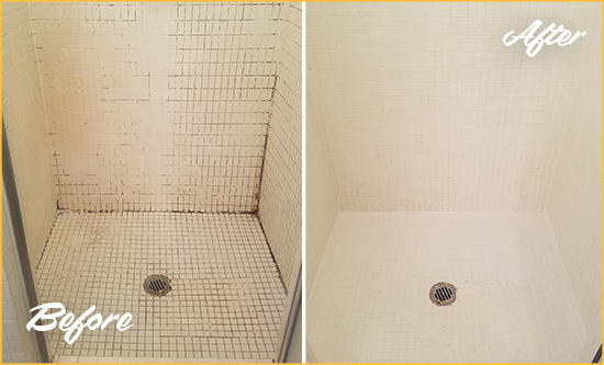 Before and After Picture of a Palm Shores Bathroom Grout Sealed to Remove Mold