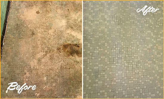 Before and After Picture of a Melbourne Beach Mosaic Shower Cleaned to Eliminate Embedded Dirt