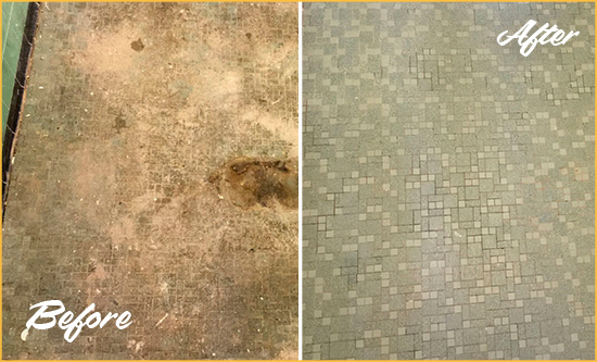 Before and After Picture of a Mims Mosaic Shower Cleaned to Eliminate Embedded Dirt