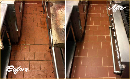 Before and After Picture of a Dull Micco Restaurant Kitchen Floor Cleaned to Remove Grease Build-Up