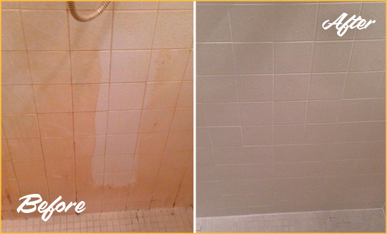 Before and After Picture of a Mims Porcelaine Shower Cleaned to Remove Soap Scum