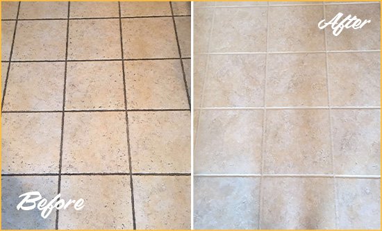 Before and After Picture of a Merritt Island Ceramic Floor Cleaned to Remove Soil