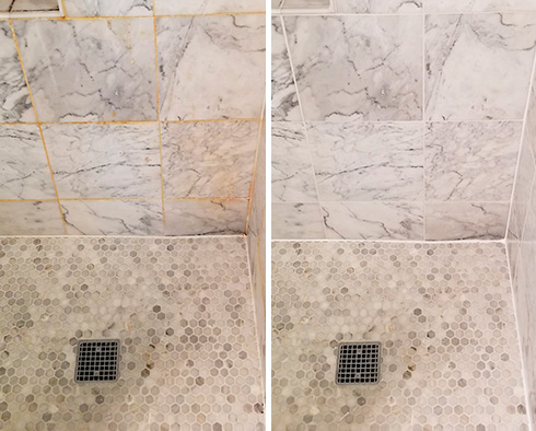 Tile Shower Before and After a Grout Cleaning in Merritt Island