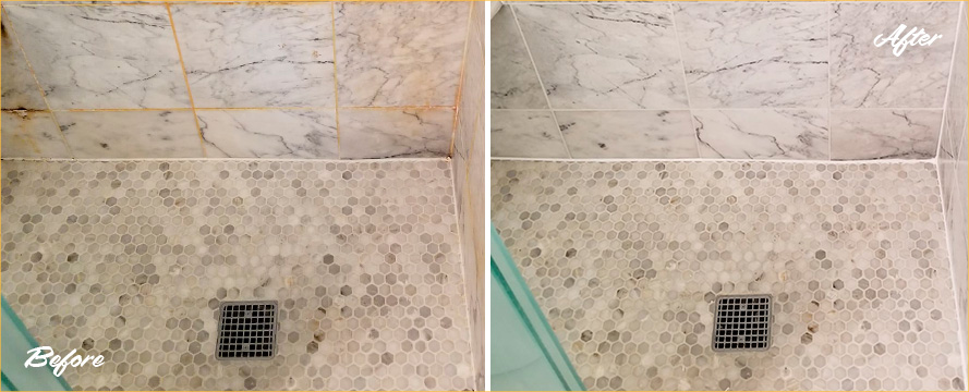 Tile Shower Before and After a Grout Cleaning in Merritt Island