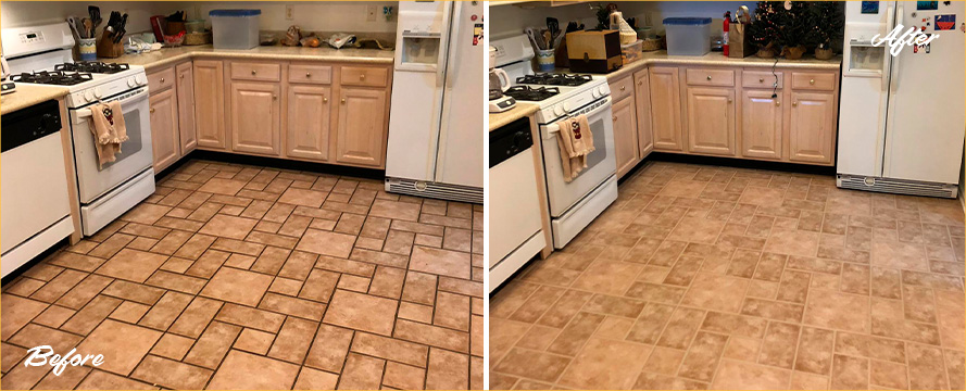 Kitchen Floor Before and After a Grout Cleaning in Cocoa