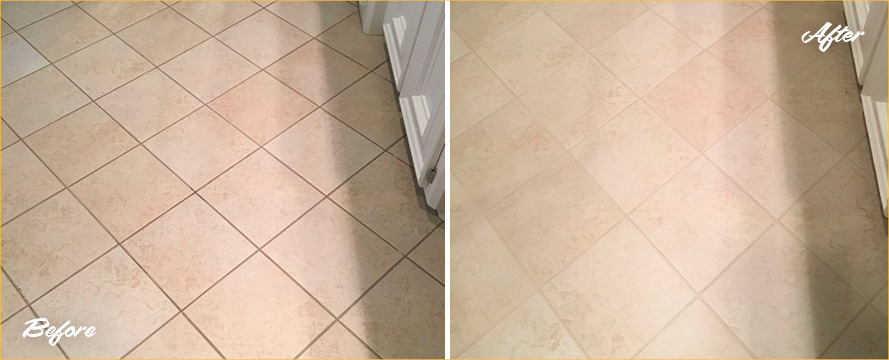 Tile Floor Before and After a Grout Cleaning in Palm Bay