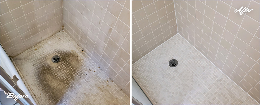 Shower Walls and Floor Before and After a Tile Cleaning in Titusville