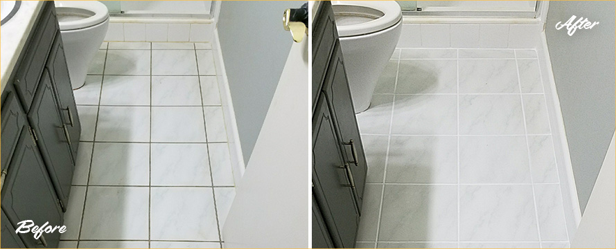 Bathroom Floor Before and After a Grout Cleaning in Titusville, FL