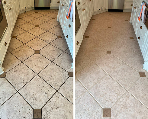 Kitchen Floor Before and After a Stone Cleaning in Port St. John