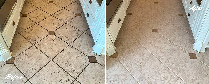 Kitchen Floor Before and After a Stone Cleaning in Port St. John