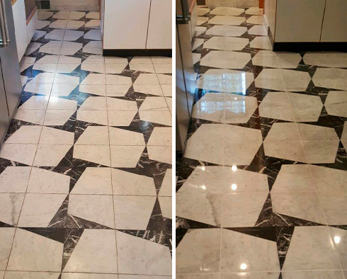 Kitchen Floor Before and After a Stone Polishing in Titusville