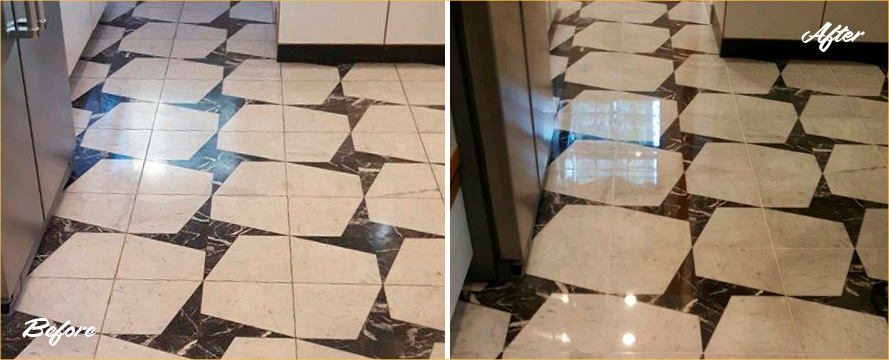 Kitchen Floor Before and After a Stone Polishing in Titusville